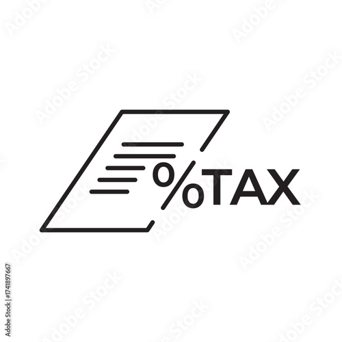 Minimal line icon of tax document with percentage symbol, representing finance, accounting, VAT, business report, and income tax. Perfect for financial planning, bookkeeping, and audit designs.
