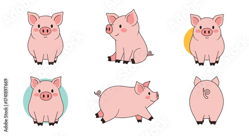 A collection of cute cartoon pigs in various poses and colors.