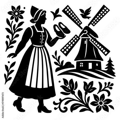 Dutch village papercut woman in clogs and windmills countryside culture