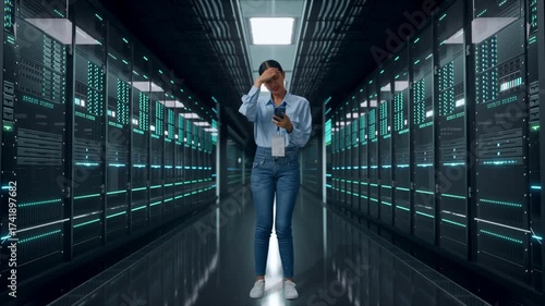 Wallpaper Mural Full Body Of Asian Female With Her Smarphone In Server Room Data Center, She Is Nodding Her Shead With Dissapionted Torontodigital.ca