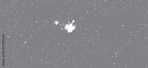 Scattered white particles create a snowy effect against the solid grey backdrop, with a concentrated cluster forming a luminous starburst at the center of the composition
