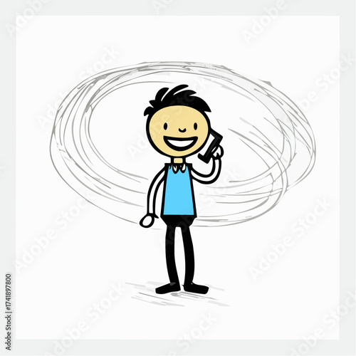 A cheerful cartoon man in a blue shirt talking on a cell phone with a swirling scribble background.