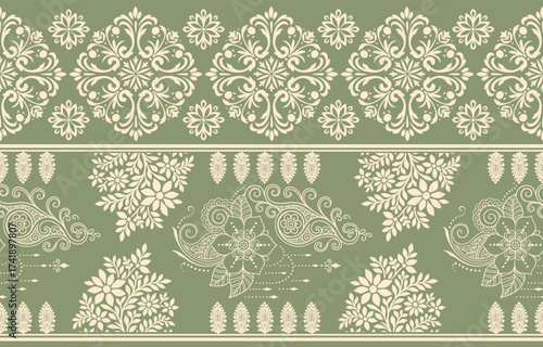 floral pattern vintage ethnic modern embroidery texture boho design vector illustration hand drawn flower motif branches leaves wallpaper seamless background border.	