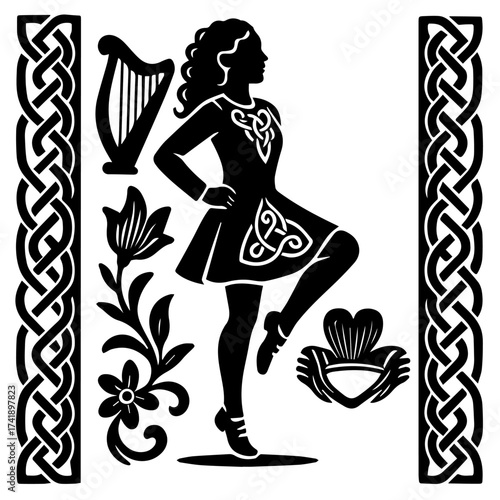Celtic framed harp dancer papercut elegant step dance Irish folklore