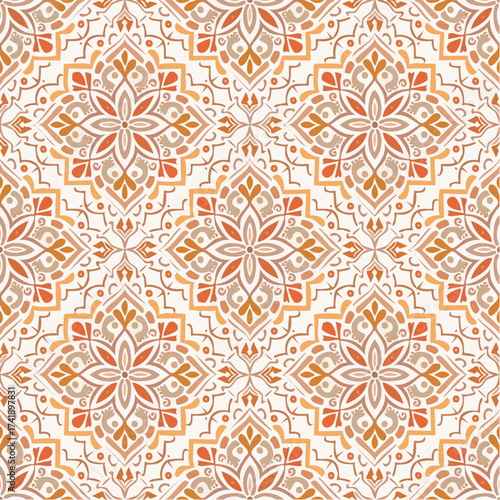 A seamless Turkish Ottoman arabesque pattern with intricate curved motifs and symmetry. Ideal for luxury packaging, fabrics, and architectural design.