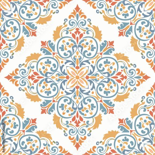 A seamless Turkish Ottoman arabesque pattern with intricate curved motifs and symmetry. Ideal for luxury packaging, fabrics, and architectural design.
