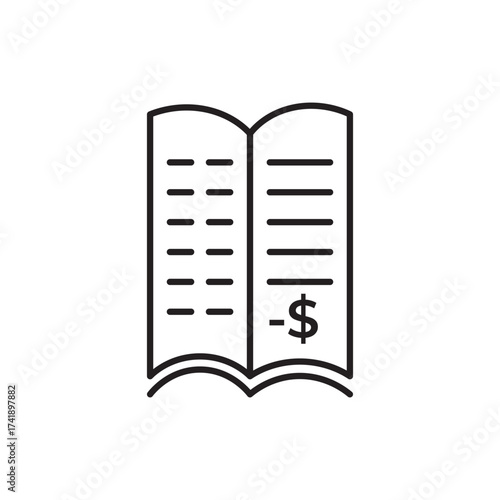 Minimal line icon of an open book with a dollar sign, symbolizing financial education, accounting, business study, and money management. Perfect for finance, school, and learning design themes.