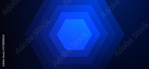 This image showcases a captivating display of layered blue hexagons, each progressively darker, set against a deep navy backdrop creating a mesmerizing geometric tunnel effect.