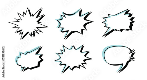 A collection of six hand drawn speech bubbles for comic books and graphic design.