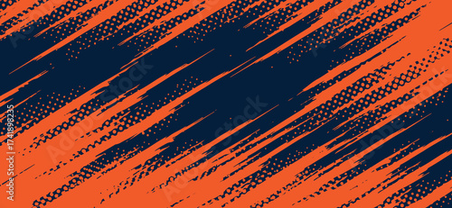 A vibrant abstract background showcases bold orange brushstrokes and halftone patterns cascading across a deep navy canvas, creating a dynamic and textured graphic design element