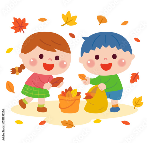 落ち葉拾いをする子どもたちのイラスト