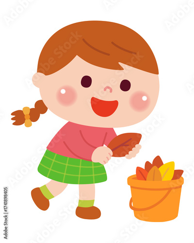 落ち葉拾いをする女の子のイラスト