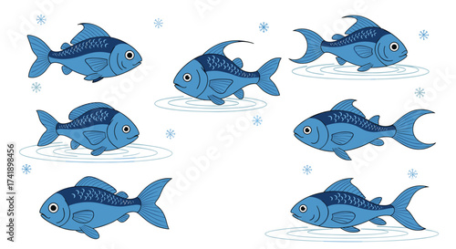 A group of cartoonish blue fish swimming in a clear environment.