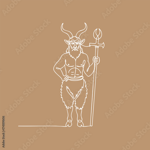 Mythical horned deity with muscular torso, furry lower body, and holding a trident, standing confidently on a plain