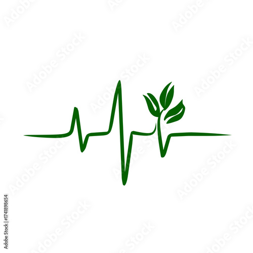 Green line art logo showing an ECG heartbeat line with a leafy sprout replacing one of the peaks. It cleverly symbolizes life, health, nature, and organic vitality for medical or wellness brands.