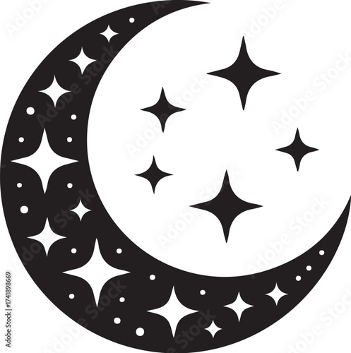 Magical crescent moon with glowing stars design