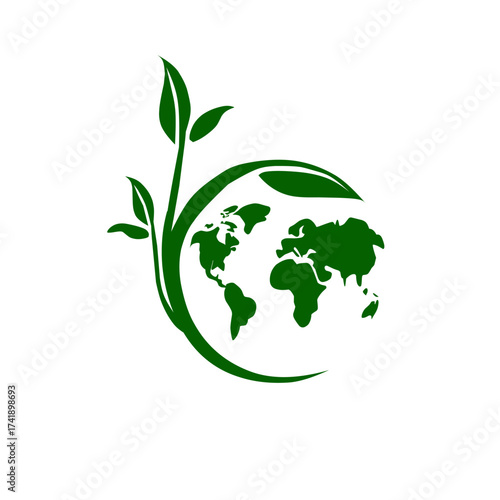 Dynamic green logo with a plant/sprout growing around the world map, symbolizing global growth, ecology, and environmental care. It has a flowing, natural, and harmonious aesthetic.