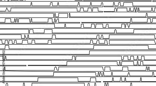 This striking graphic presents an abstract arrangement of horizontal black lines and geometric shapes against a stark white backdrop, creating a modern and minimalist visual rhythm