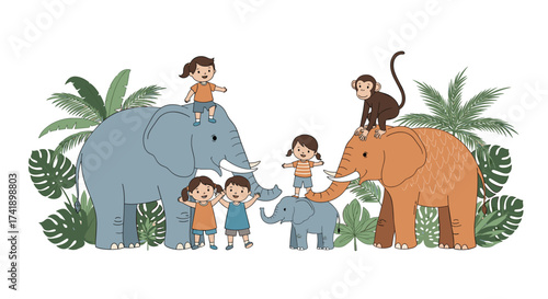A joyful jungle adventure with elephants and playful children.