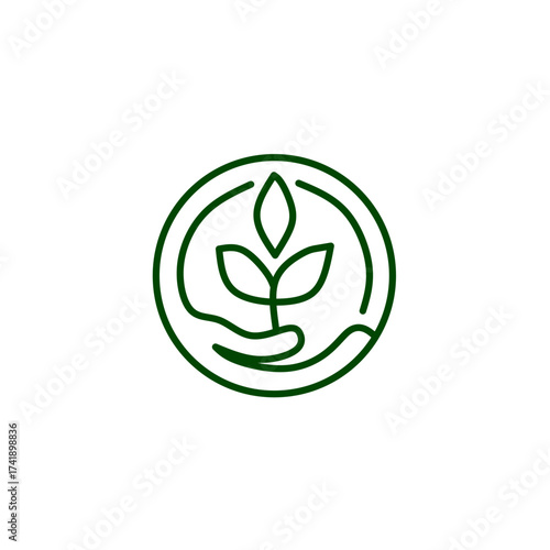 A minimalist green line art icon showing a hand nurturing a plant inside a circle. It symbolizes growth, ecology, care, conservation, and environmental responsibility with a clean style.