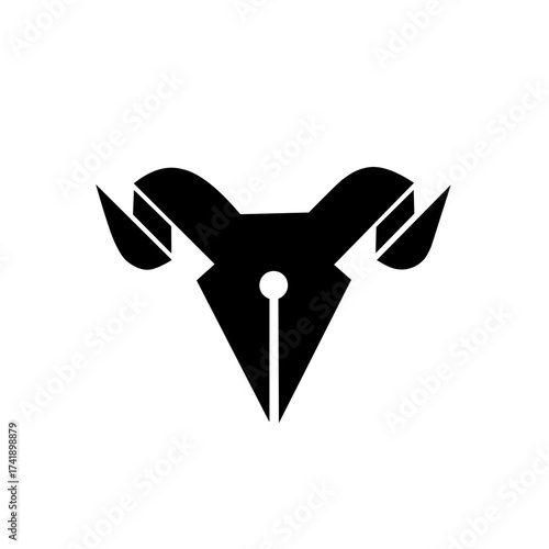 A clever black silhouette merging a ram/goat head with horns and a fountain pen nib. It symbolizes creative power, writing strength, and intellectual force.