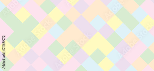 A pastel geometric pattern featuring light pink, yellow, green, blue, and peach diamond shapes arranged in a mosaic-like design, creating a soft and visually appealing texture