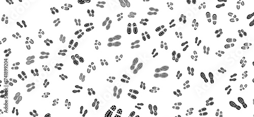 A seamless pattern of black footprint imprints with shoe and bare feet outlines are scattered across a bright white background, creating a repetitive yet dynamic visual texture