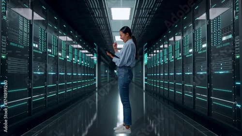 Wallpaper Mural Full Body Side View Of Asian Female With Her Tablet In Server Room Data Center, She Raises Her Fist Up With Screaming Goal Torontodigital.ca