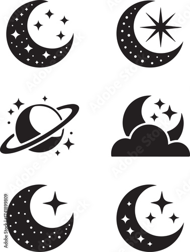 Celestial moon and stars icon set in black and white