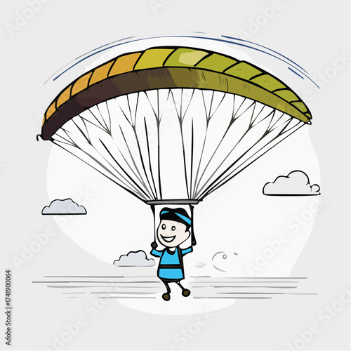 A cartoon illustration of a smiling person in a blue outfit parachuting under a yellow and brown parachute against a white background with clouds.