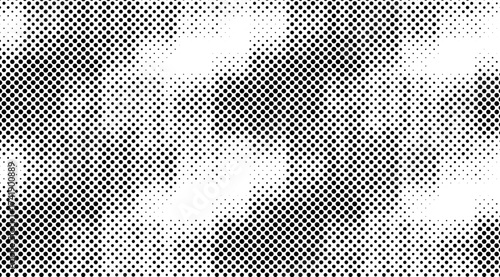 This abstract black and white halftone pattern features dense areas of black dots on a white background, creating a visually textured and dynamically layered effect