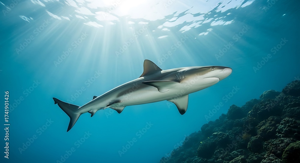Fototapeta premium Graceful Gray Reef Shark Swims Near Coral Reef Under Sunlit Ocean Surface