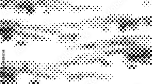 Abstract black and white halftone pattern forms a modern and minimalist background with dynamic dots arranged in unique formations, creating a visually intriguing design
