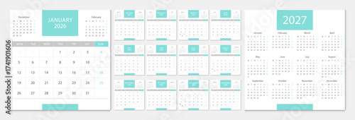 Calendar 2026, calendar 2027 week start Monday corporate design template vector.