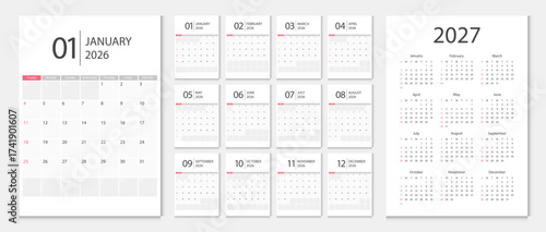 Calendar 2026, calendar 2027 week start Sunday corporate design template vector.