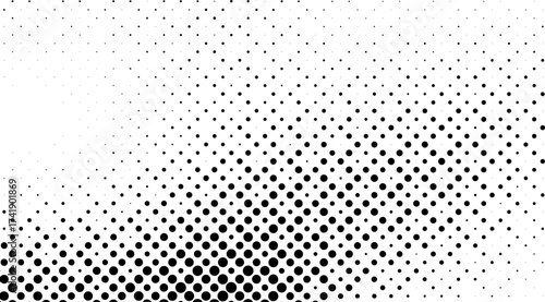 Halftone pattern with gradient black circles against a white background creates a dynamic, textured effect that is visually engaging and ideal for modern designs