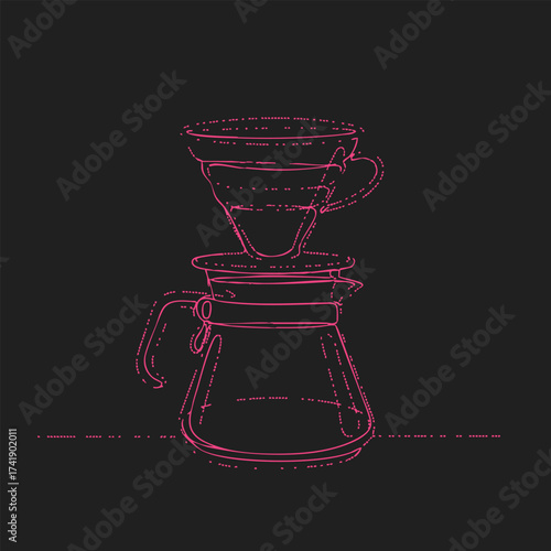 Neon outline of a pour-over coffee maker with a coffee dripper on top and a glass carafe below, illuminated against a dark