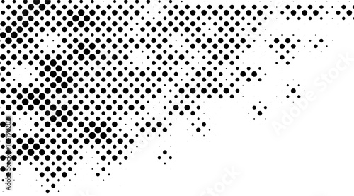 This black and white vector image features a halftone pattern of densely packed circles that gradually fade into a clean white background, creating a textured, minimalist design
