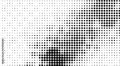 Monochromatic halftone design features a gradient of black dots on a white background, creating a dynamic texture with a focus on geometric shapes and minimalist design aesthetics