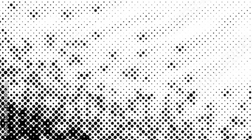 Monochrome halftone pattern featuring an array of black dots in varying sizes against a white background creating a textured and abstract visual effect, ideal for overlays