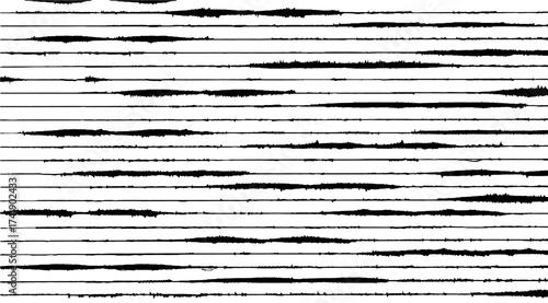 Monochromatic horizontal soundwave pattern features varying amplitudes creating an audio waveform visualization with black lines on a clean white background for diverse sound analysis