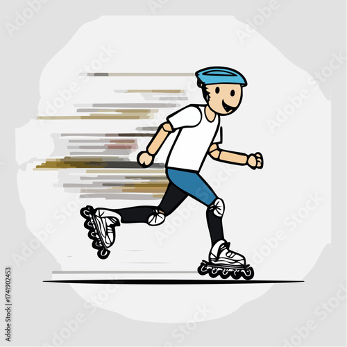 A cartoon man wearing rollerblades and a blue cap runs to the right with motion blur in the background, conveying a sense of speed and energy.
