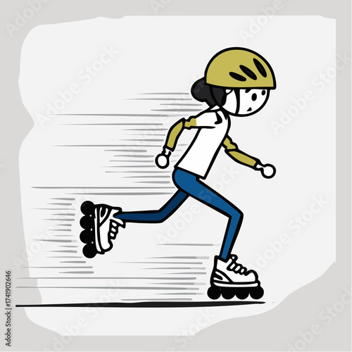 A cartoon woman wearing a yellow helmet and rollerblades is depicted in motion, running with speed lines in the background, conveying a sense of dynamic movement and energy.