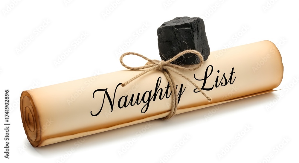 Fototapeta premium Naughty List Christmas scroll with lump of coal, vintage paper parchment roll with twine bow, holiday coal gift for bad behavior isolated PNG with Transparent Background