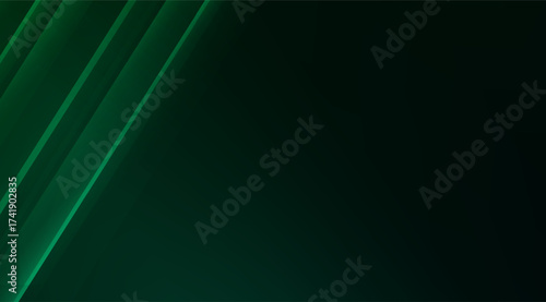 Abstract background featuring a dark green gradient with vibrant green geometric stripes along the left, creating a modern, elegant design with depth and subtle light effects