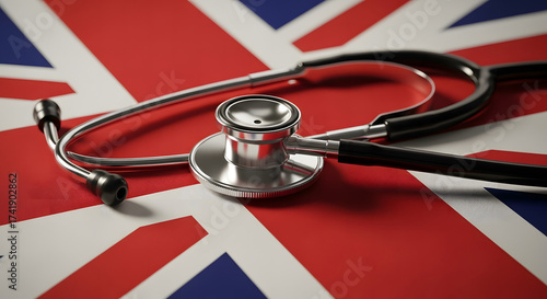 A stethoscope rests on a Union Jack flag, symbolizing healthcare in the United Kingdom.