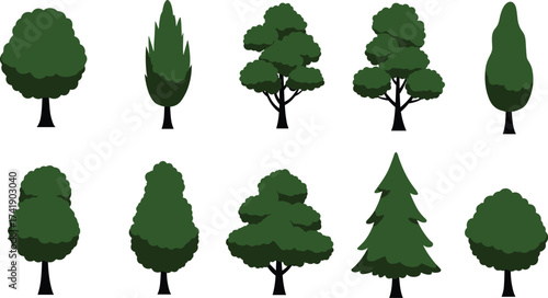Collection of green tree icons, natural forest elements, eco design illustration, isolated botanical symbols, foliage graphics, landscape vegetation, environment resourcesCollection of green tree 