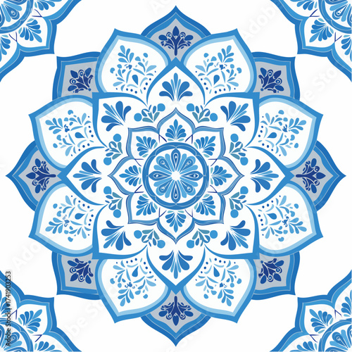 A seamless Turkish blue ceramic mandala pattern with elegant circular symmetry. Perfect for packaging, textiles, and cultural prints.