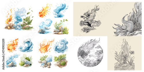 Fantasy elements collection of fire, water, earth, and air in watercolor and sketch styles. Dynamic natural forces illustration for fantasy or magic design themes.