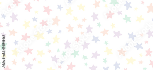 Delicate pastel stars in varied sizes scatter across a white canvas, creating a whimsical, celestial-themed background with soft shades of pink, yellow, purple, and green